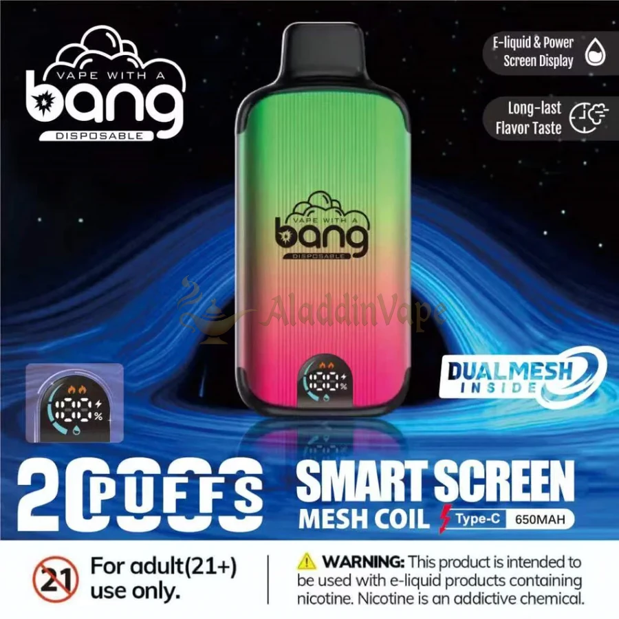 Bang 20000 20kパフ使い捨てベイプ スマートスクリーンメッシュコイル メイン ストロベリーウォーターメロン