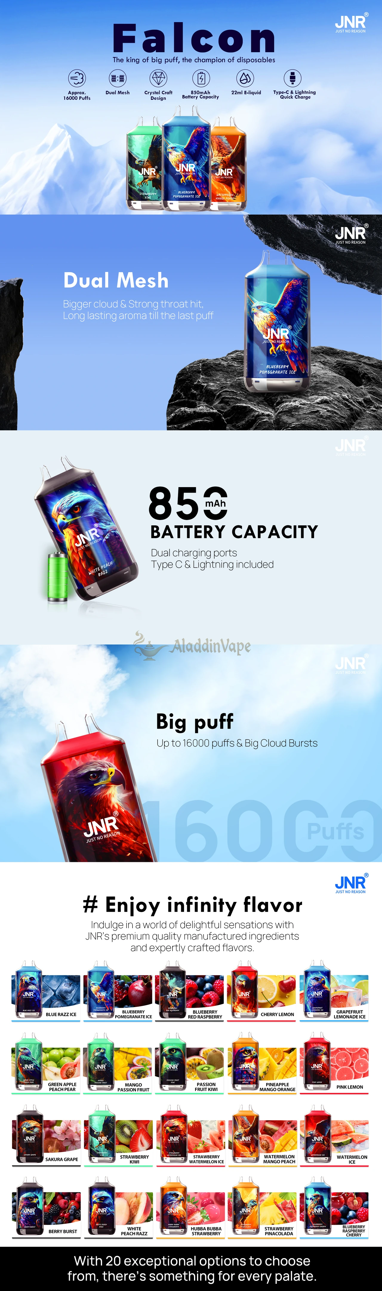 Jnr Falcon 16000 Puffs Disposable Vape Detail All