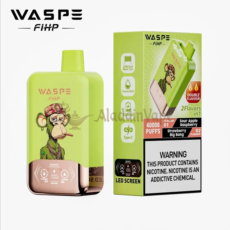 Waspe Fihp 40000 Puffs Disposable Vape Sour Apple Raspberry Strawberry Big Bang