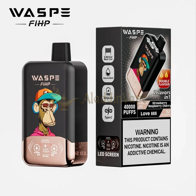 Waspe Fihp 40000 Puffs Disposable Vape Strawberry Raspberry Cherry Love 666